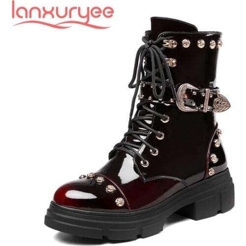 Lanxuryee vintage gladiator metal decoration round toe thick bottom platform winter shoes dark style handsome ankle boots L13