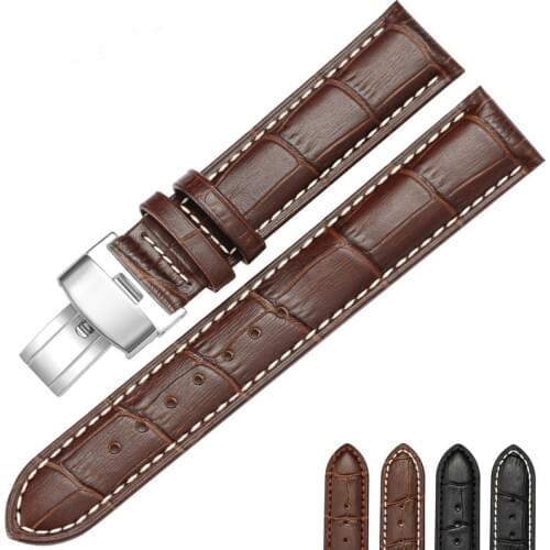Hight Quality 20mm Watch Band Leather 22mm Men Women Brown Waterproof Watch Strap Genuine Steel Buckle Black Watchband