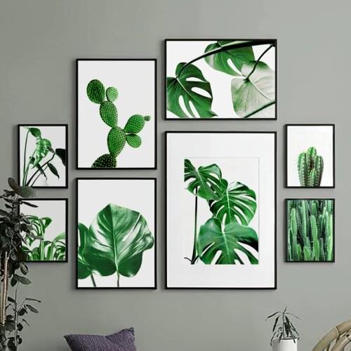 Green Cactus Large Monstera Leaves Plants Wall Art Canvas Painting Nordic Posters And Prints Wall Pictures For Living Room Decor