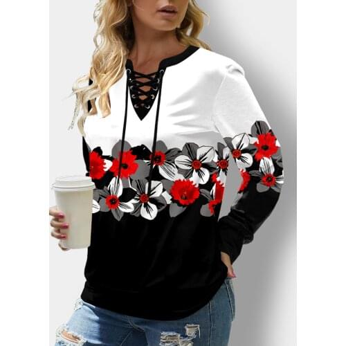 2021 Autumn Women Floral Print Casual Tshirt Lace Up V-Neck Long Sleeve Thick Tshirts Top S-5XL Oversized T-shirts New Womens