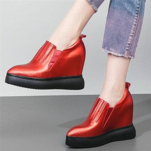 10cm High Heel Platform Creepers Women Genuine Leather Wedges Party Ankle Boots Female Pointed Toe Fashion Sneakers Casual Shoes