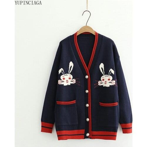 2020 Autumn Rabbit Embroidery Cardigans Women Jacquard Knitted Single-breasted Double Pocket V-neck Loose Sweet Sweaters