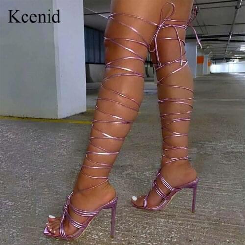 Kcenid 2021 New Summer Women Sandals Narrow Band Fashion Square Toe High Heels Cross Strap Gladiator Sandals Women Shoes Size 41