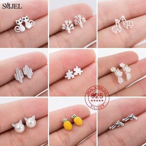 Newest 925 Sterling Silver Needle Women Jewelry Cute Chic Cat Earrings Girls Kids Cactus Puzzle Gun Shape Studs Birthday Gifts