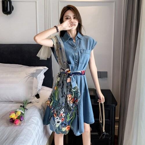 2021 Summer fashion Women Jean Sleeveless Flower Embroidery Pocket Ruffles Mesh Stitching Denim Irregular Dress With Belt