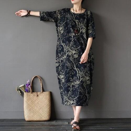 FairyNatural Female 2021 New Spring Summer Cotton Linen Printed Women Vintage Flower Robe O-neck Washed Loose Dresses Plus Size
