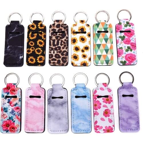 1pc Creative Keychain Neoprene Chapstick Holders Lipstick Cases Cover Portable Balm Holders Marble Style Keyring Party Gifts