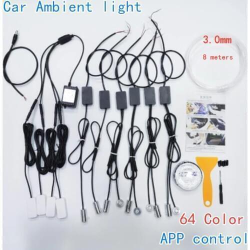 Car Ambient Light Foot Lamp RGB (6 + 4) with 8M Optical Fibre 64colors Led Wireless No Threading App Control Universal car leds