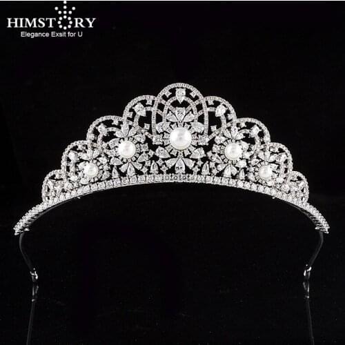 Himstory Bride CZ Crown European Pearl Headband Hairband Queen Hairband Bridal Headdress and Crown Wedding Hair Accessories