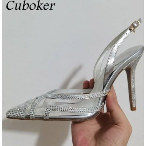 Brand Designer Women Crystal Sandals Pointed Toe Sliver Ladies Stiletto Ankle Slingback Slip ON Pumps Summer Women Dress Shoes