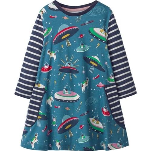 Jumping Meters New Princess Space Print Cute Childrens Girls Dresses Cotton Pockets Kids Long Sleeve Clothes Fashion Baby Dress