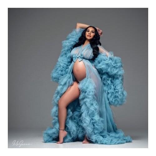2021 Blue Tulle Pregnancy Robes For Photo Shoot Plus Size Bow Waistband Long Sheer Extra Puffy Fluffy Maternity Dressing Gow