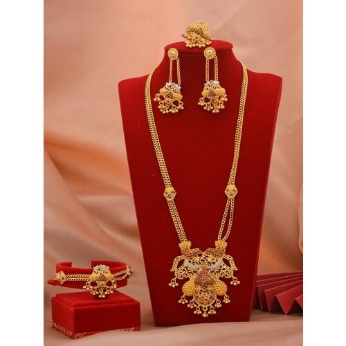 24K Dubai Jewelry sets Gold Color luxury African Wedding bridal bracelet necklace earrings ring tassel jewellery set for women