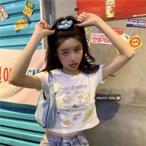 Summer Slim Sweet Women Cute Cartoon Printed Letter Short Crop Top Y2K Harajuku Vintage Kawaii Delicacy Fun Gothic Chic T-Shirt