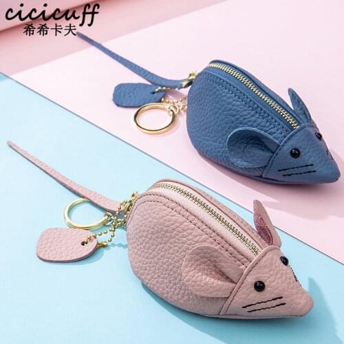 Change Purse Womens Genuine Leather Small Coin Purse Cowhide Designer Ladies Mini Cute Mouse Key Storage Bag Keyring Girl Purses