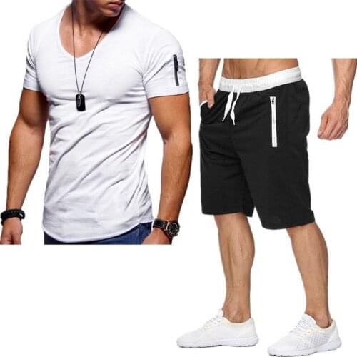 Fashion Casual Tracksuit Sets Men V-neck T-shirt Fitness Bodybuilding Summer Zipper Short-Sleeved Tops+Shorts Suits Streetwear