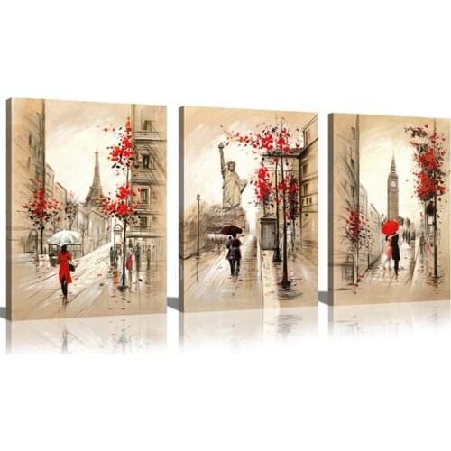 City Street View Red Couple Walking On Rainy Day London Street Painting Romantic Big Ben Clock