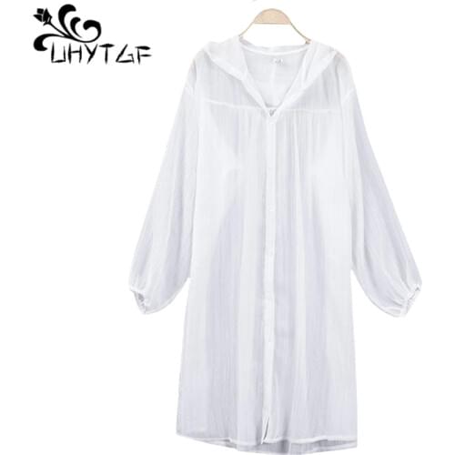 UHYTGF Fashion beach summer coat Womens Mid-length Hooded thin sunscreen clothing Loose Breathable plus size cardigan coats 456