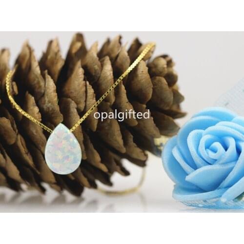 Fahion Synthetic White OP17 8x11mm Pear Shape Opal Necklace 925 Silver Gold Box Chain Opal pear/drop Necklace for wedding gift
