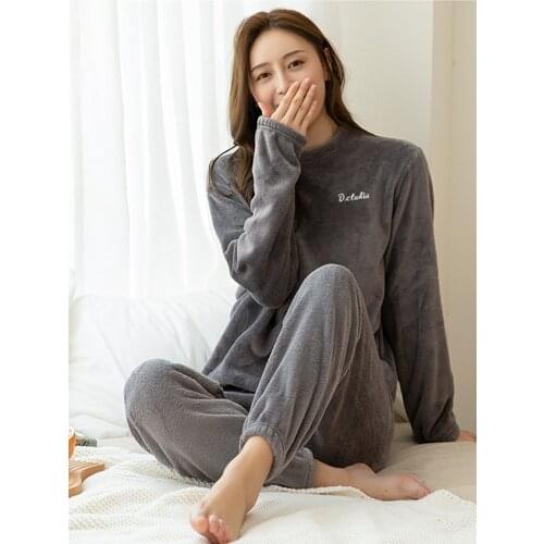 Women Pajamas Set Winter Warm Flannel Pajamas Homewear Thick Female Sleepwear Plush Pyjamas Suit Sweatshirt Hoodies Solid Color