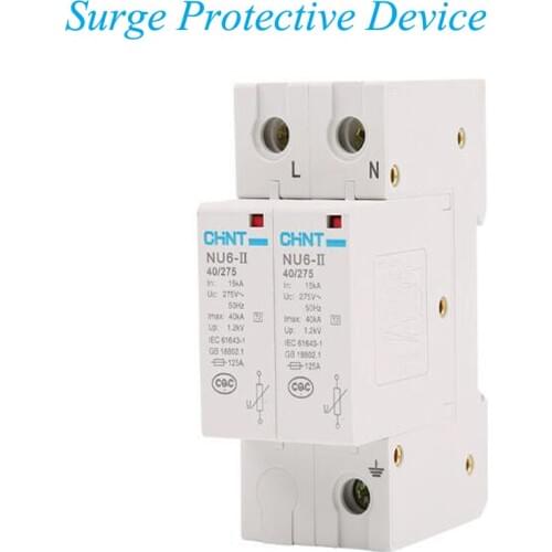 2P 15KA- 40KA/275V House Surge Protector Low-voltage Arrester Device IP20 Lightning Protection NU-6-II-2P