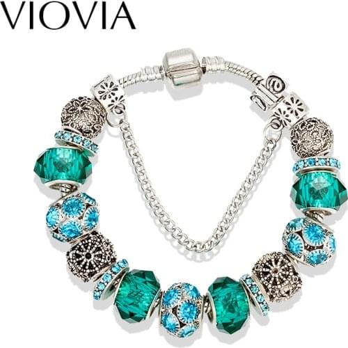 VIOVIA Dropshipping Silver Color Charm Bracelet & Bangles Love And Flower Crystal Bead Bracelet For Women Gifts Jewelry B16088