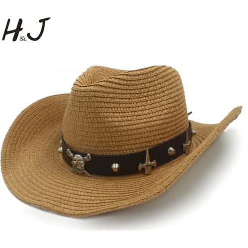 Women Men Straw Western Cowboy Hat With Roll Up Brim Lady Gentleman Jazz Sombrero Cap Summer Hombre Cowgirl Hat Size 56-58CM