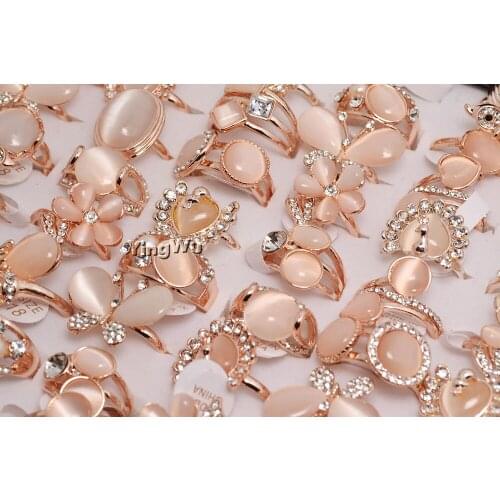 Yingwu 50pcs Lot Rose Gold Natural Rhinestone Opal Cat Eye Rings Big Stone Rings For Women Fashion Jewelry Luxury Party Jewelry