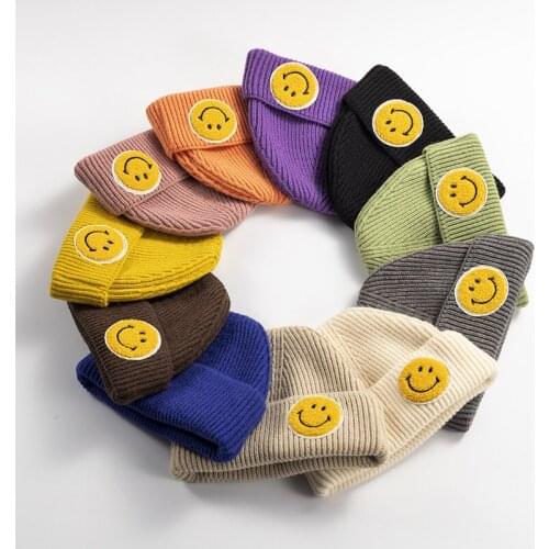 Girl Women Cute Warm Skullies Beanies Caps Winter Thick Warm Smile Patch Logo Skullcap Knitted Hats Hip hop Outdoor