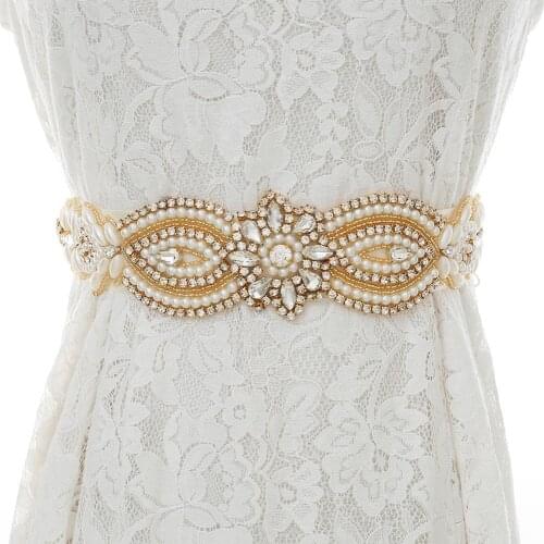 SESTHFAR Gold Crystal Wedding Sash Rhinestones Wedding Belt Handmade Pearls Bridal Belt For Bridal Bridesmaid Dresses