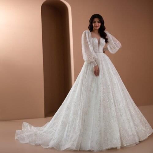 Vestidos De Noiva Long Sleeve Tulle Wedding Dress Sequined Beading Suknia Slubna O-Neck Elegant Abito Da Sposa Shining Gelinlik