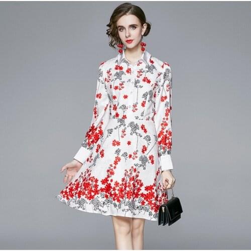 Fashion Designer Luxury plum Blossom Printing Runway Women Summer Long Sleeve Turn Down Collar Hight Waist Vintage Dress