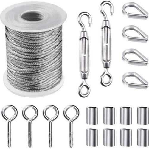 15M 2mm Stainless Steel Wire Rope Cable Hanging Hook Set for Hanging Plants Tent Curtain Clothesline Flexible Wire Rope