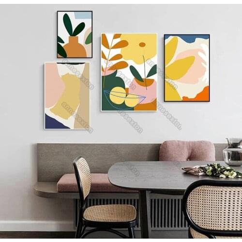 Abstract Still Life Plants and Fruits with Yellow Pink Green Colors Canvas Painting Poster for Living Room Bedroom Wall Decorati