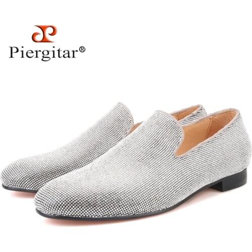 Piergitar Brand 2021 Luxurious Real Bling Men Shoes For Wedding And Party Handmade Mens Loafers Red Bottom Man Smoking Slippers