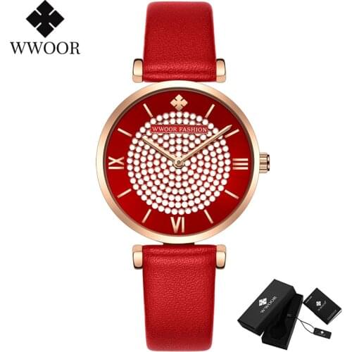 WWOOR Luxury Small Dial Women Watches Dress Diamond Wrist Watch For Women Red Leather Quartz Waterproof Clock Gift Female Watch