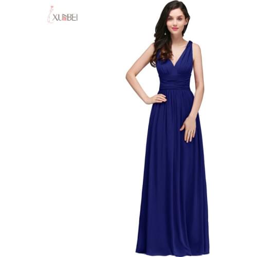 Royal Blue Chiffon Long Evening Dress 2019 V Neck Sleeveless Formal Dress Evening Gown Elegant Backless robe de soiree