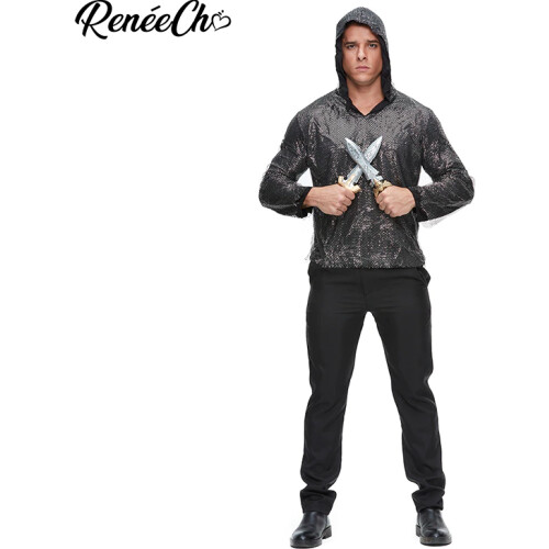 Reneecho Men Knight Costume Black Chain Mail Hooded Tunic Medieval Warrior Cosplay Halloween Costume For Adult