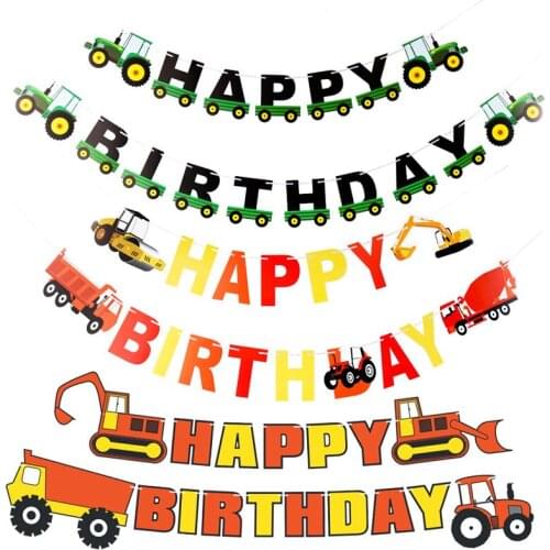 Cartoon Car Engineering Construction Vehicles Excavator Banner long Pull Flag Bunting Kids Boys Birthday Party Favors Decoration