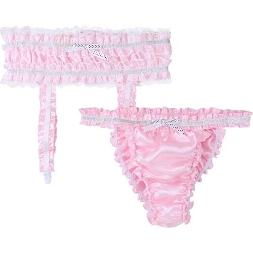 Mens Lingerie Sissy Panties Gay Shiny Satin Ruffled Frilly Low Rise Stretchy Sissy Bikini Briefs Underwear Panties with Garters