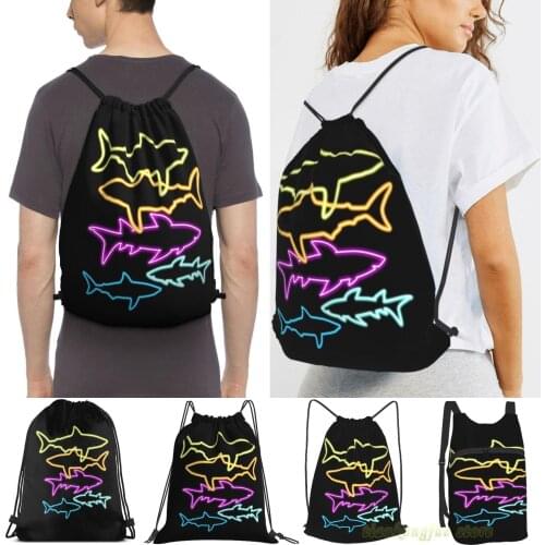 Neon Colorful Sharks Women Drawstring Sackpack Gym Bags Men Outdoor Travel Backpacks For Training Fitness Swimming Bag