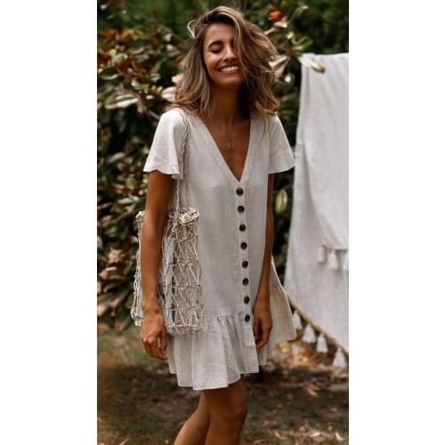 Single-breasted deep V-neck cotton and linen dress
