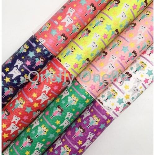 Onefly Wholesales Dropshipping Leather Supplier Teeth Fairy Printed Synthetic Faux Vinyl Leather Fabric Sheets Bow DIY FZ064A