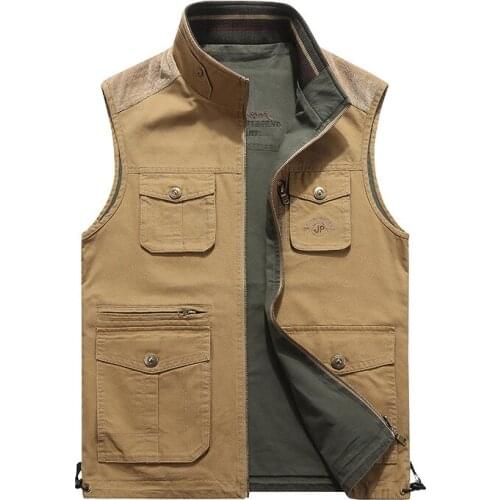 Autumn Military Vest Men Double Sides Wear Casual Cotton Sleeveless Jacket Men Mid-aged Multi-pockets Plus Size Waistcoat Men