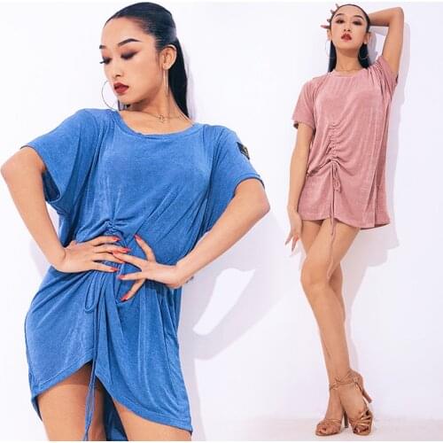 2021 Latin Dance Dress Sexy Long Drawstring Tops Loose Short Sleeve Women Practice Wear Training Dance Clothes Mini Dress BL5924