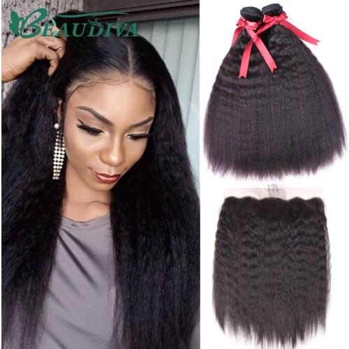 Beaudiva Kinky Straight Human Hair Bundles With Frontal 2 3 4 Bundles With Closure 13x4 30 Inch Brazilian Weave and Lace Closure