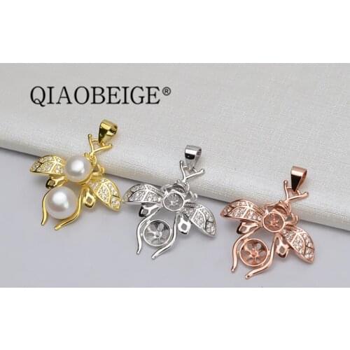 QIAOBEIGE DIY ACCESSORY China Bulk New Fashion bee Necklace Pearl Pendant Jewelry 925 Sterling Silver Pearl Pendant Mount