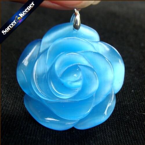 Hand Carved Blue Cats Eye Stone Flower Amulet Lucky Women Cute Pendant Necklace Fashion Crystal Jewelry Beads 1PCS -HS208