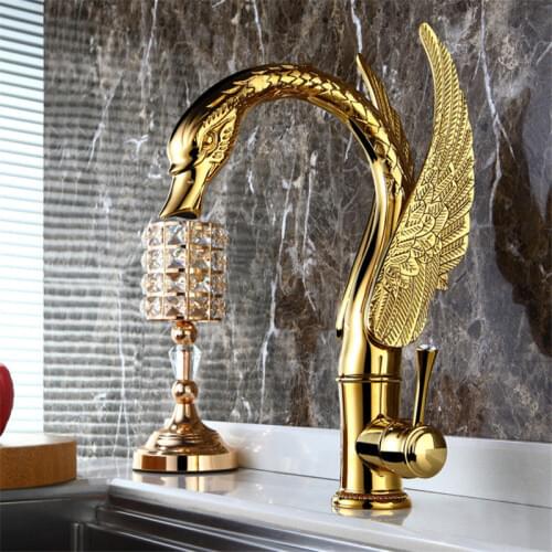 Bathroom Basin faucets Solid Brass Sink Mixer Tap Hot & Cold Luxury Gold/Chrome Swan Lavatory Crane Tap Single Handle Rotatable