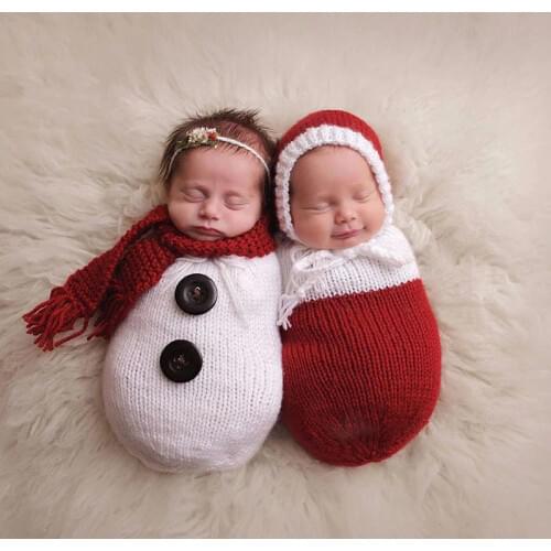 Twins Baby Boy Girl Photo Shoot Knit Outfits Newborn Photography Props Crochet Snowman Sleepbag Clothes fotoshooting Accessories